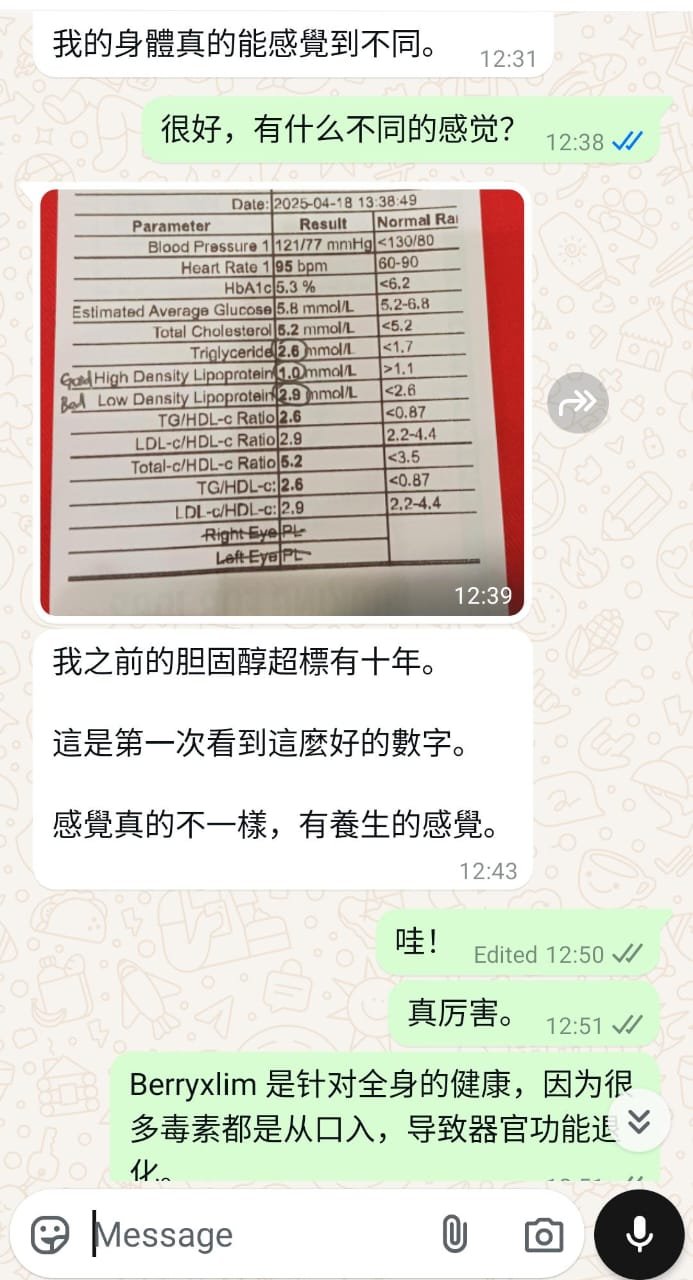 BerryXlim testimonial - cholesterol improvement